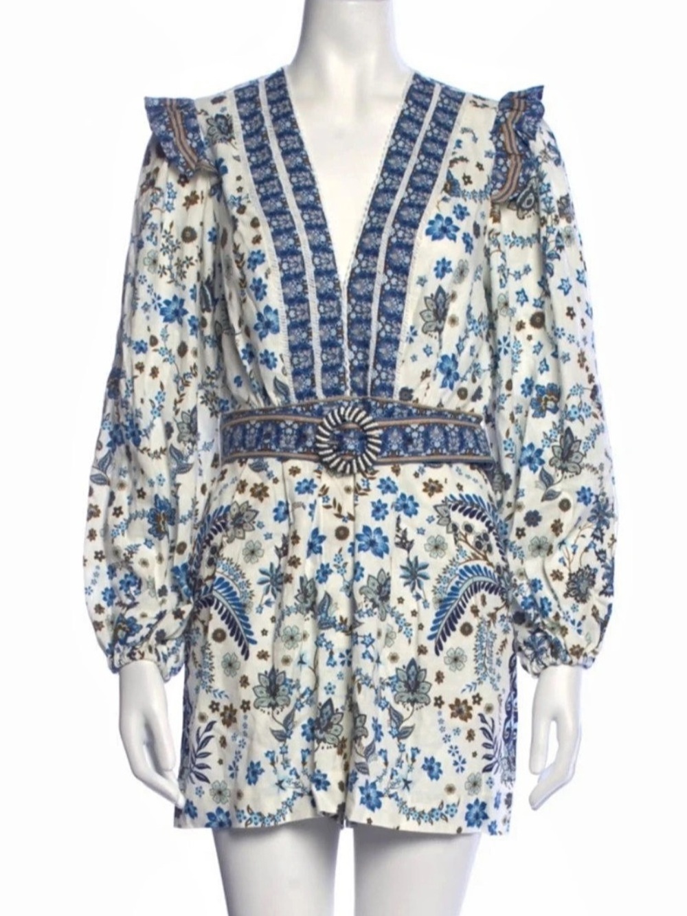 NWT 🦚 Caroline Constas Floral Mini Jumpsuit Romper in Blue & White Size Small